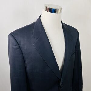 Zaharoff 42R Sport Coat 100% Wool Dark Navy Blue Plaid Two Button Double Vented